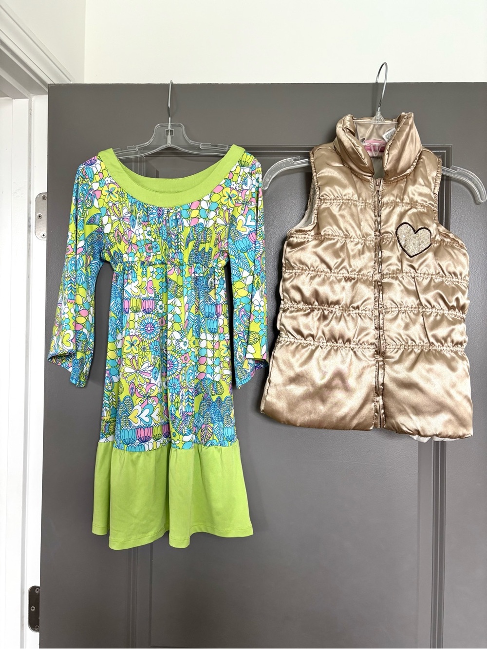 BUNDLE OF TWO: Girls Green Floral Long Sleeve Dress, golden vest size 6